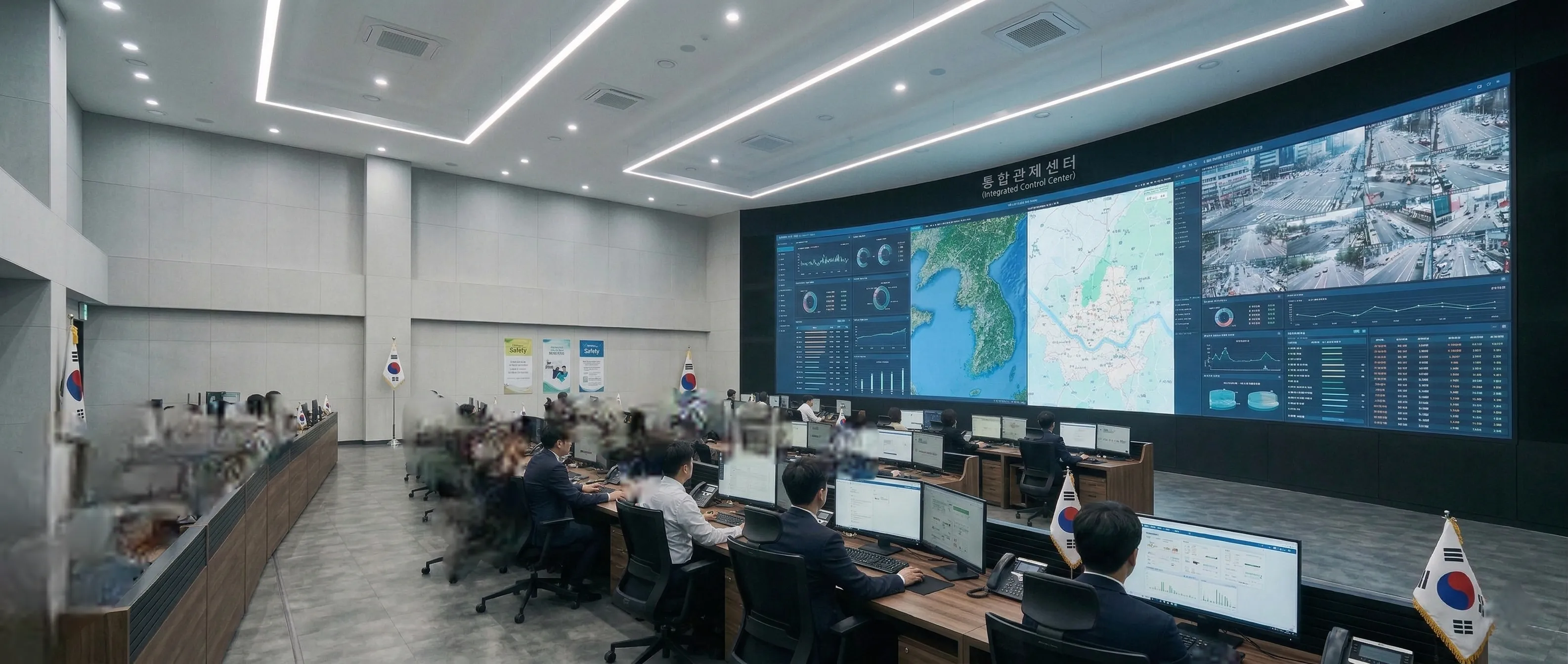 대형 LED 상황판이 설치된 통합관제센터 운영 현장